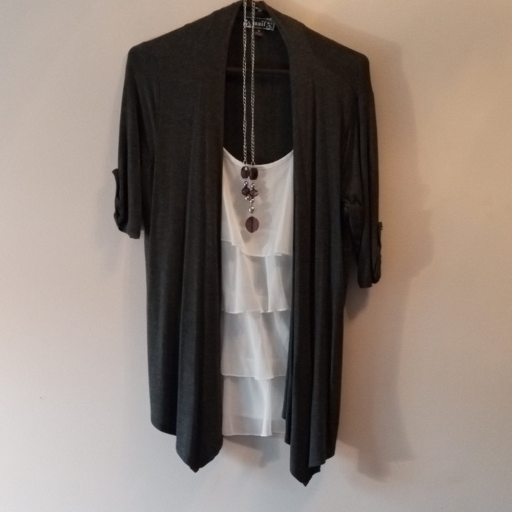 NAIF Charcoal Open-Front Cardigan With Ruffle Blouse And Necklace